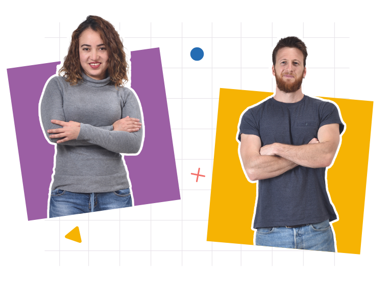 Half body shot of smiling young woman and man