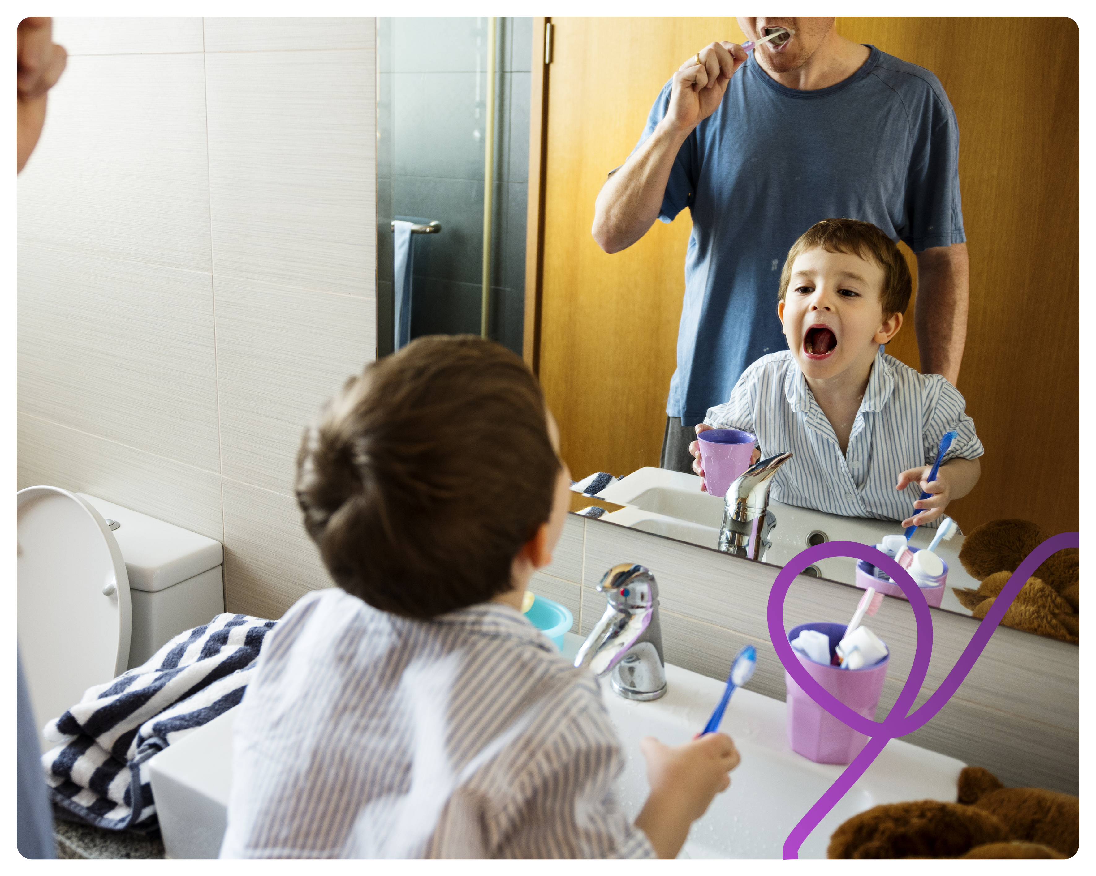Father and son brushing their teeth, with the tap turned off