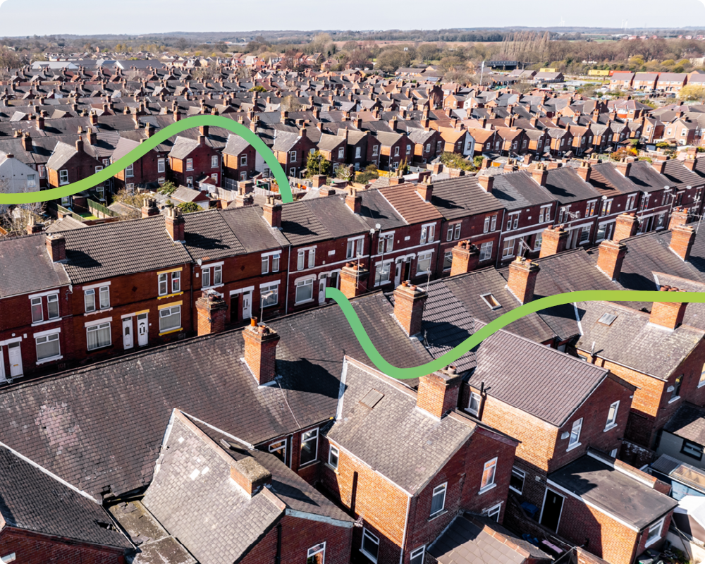 Birds eye view image of terrace houses with a green connecting line running through them.