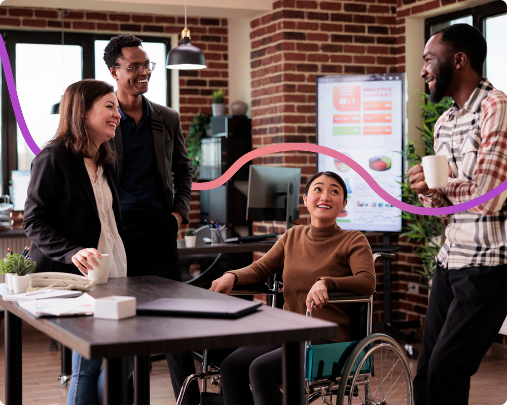 Image showing 4 people, 2 men and 2 women, in the office. There is a purple and light red connecting line running through the image.