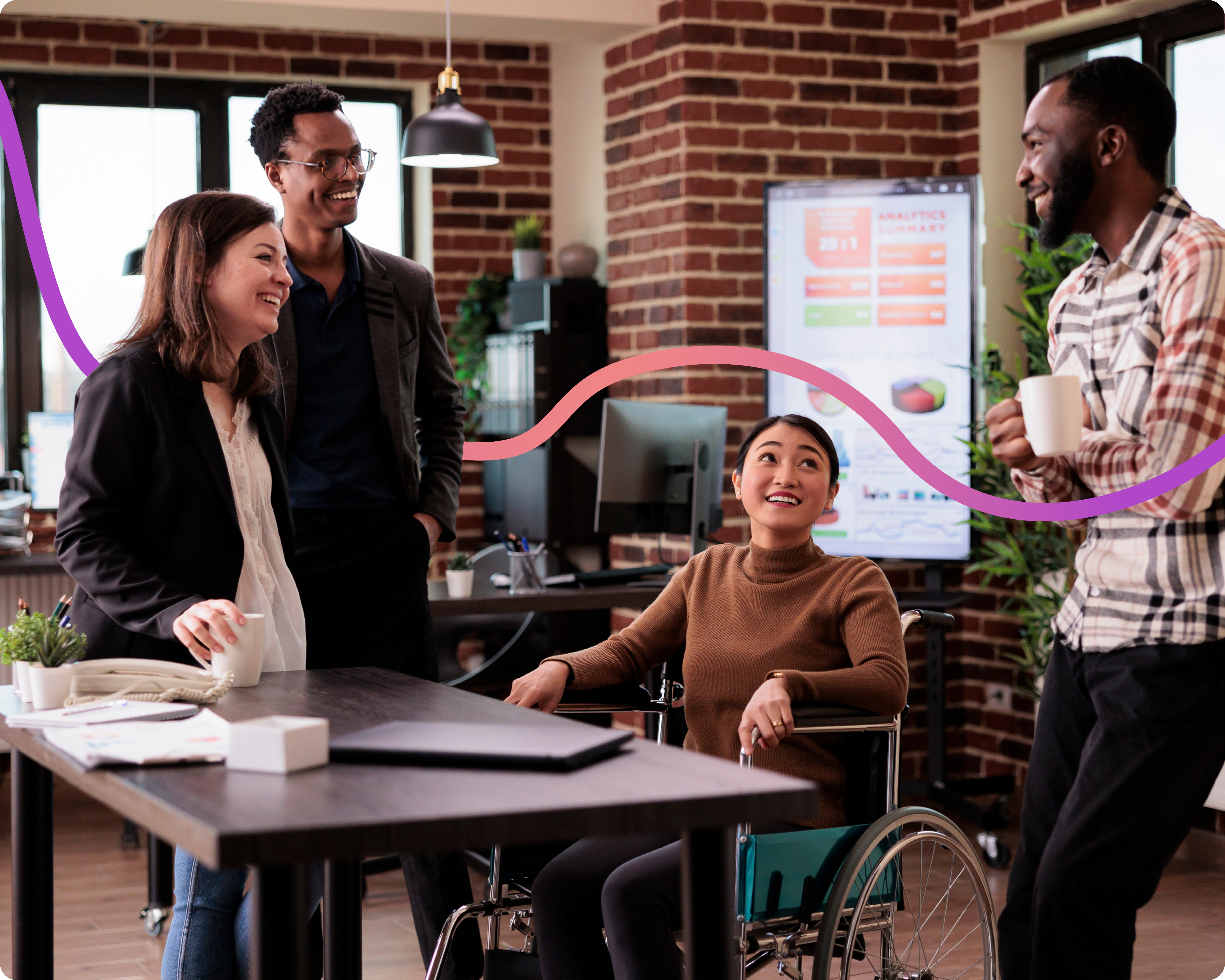 Image showing 4 people, 2 men and 2 women, in the office. There is a purple and light red connecting line running through the image.