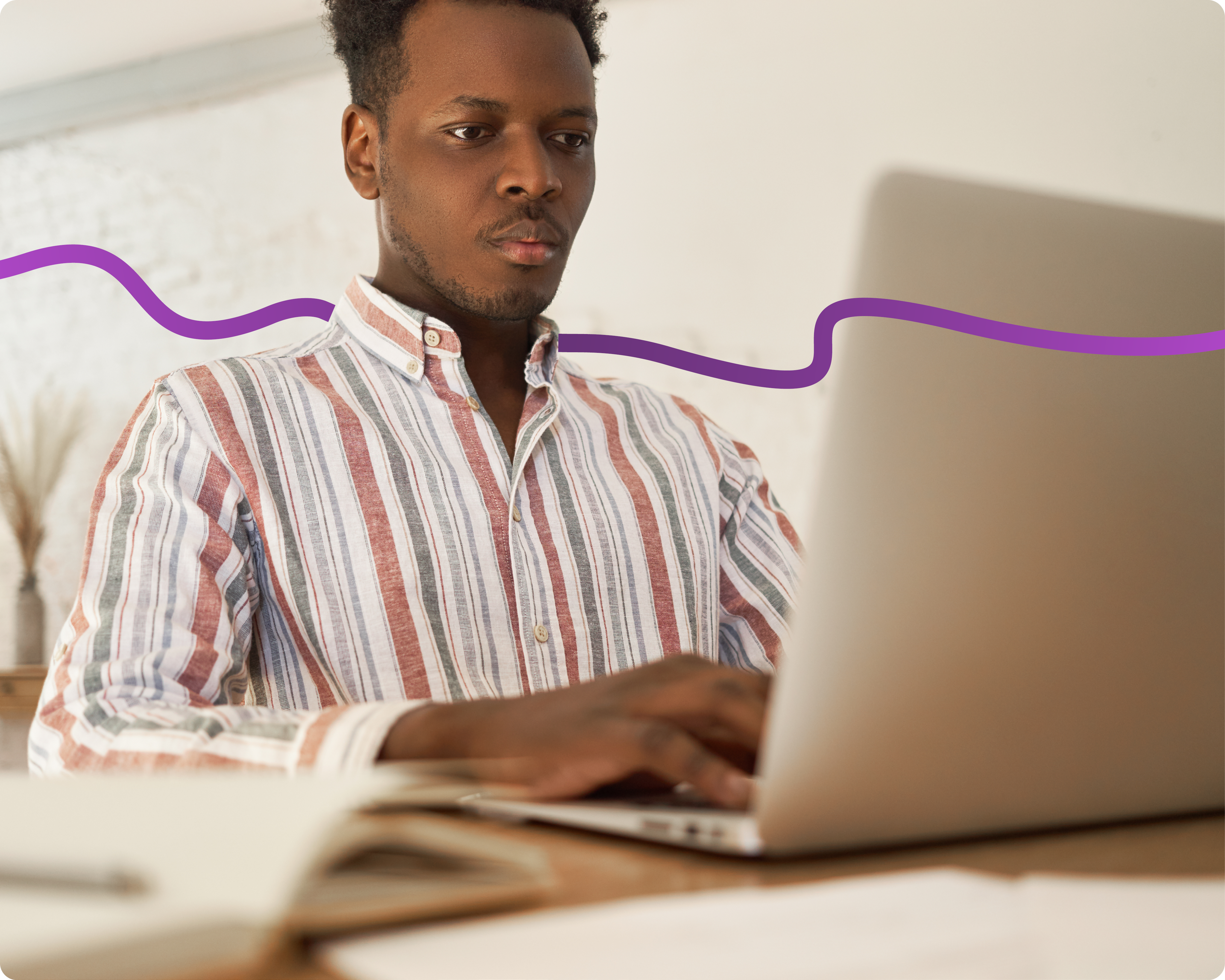 Image of a male on his laptop with a purple connecting line running through