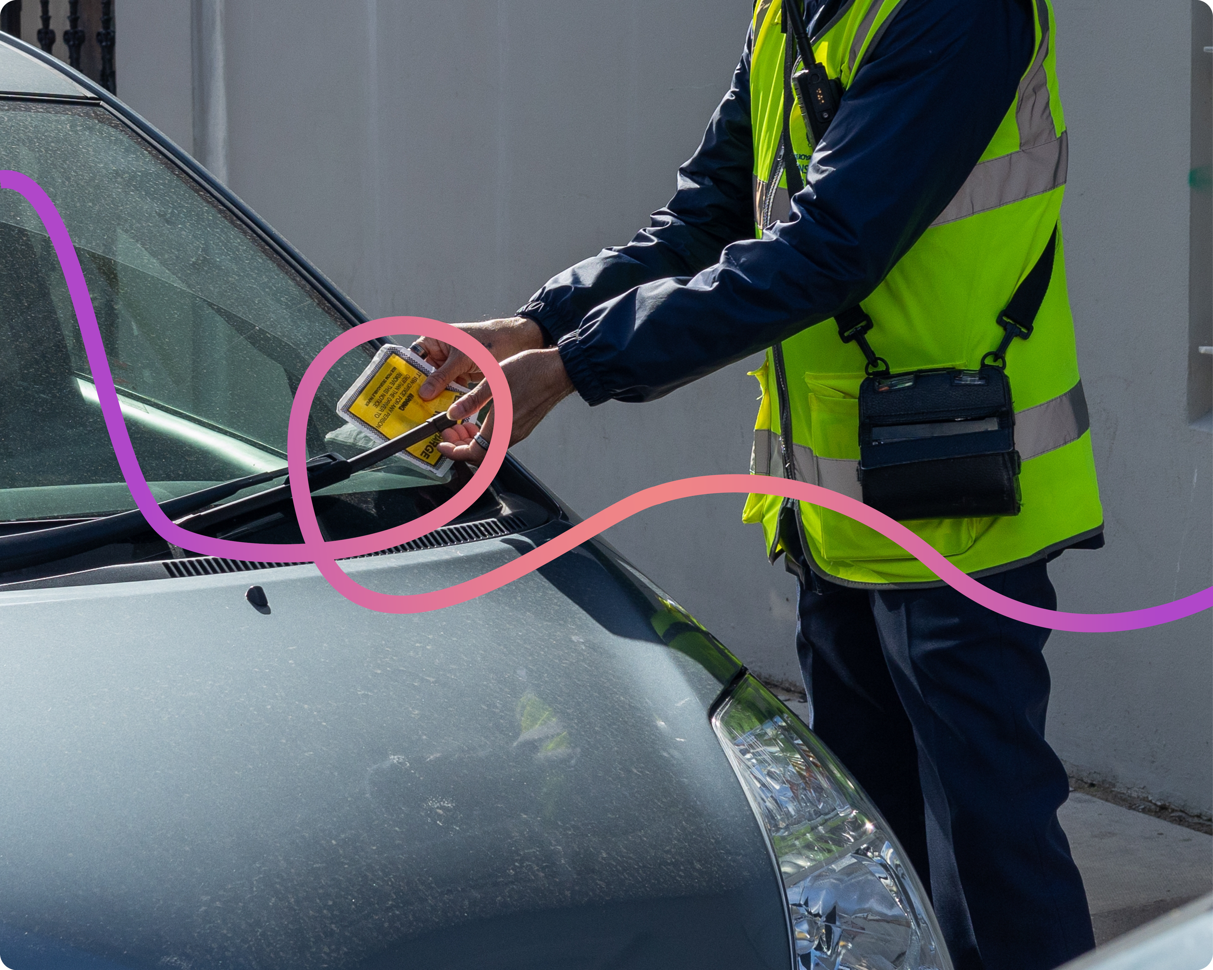 Image of a traffic warden putting a ticket on a car. 