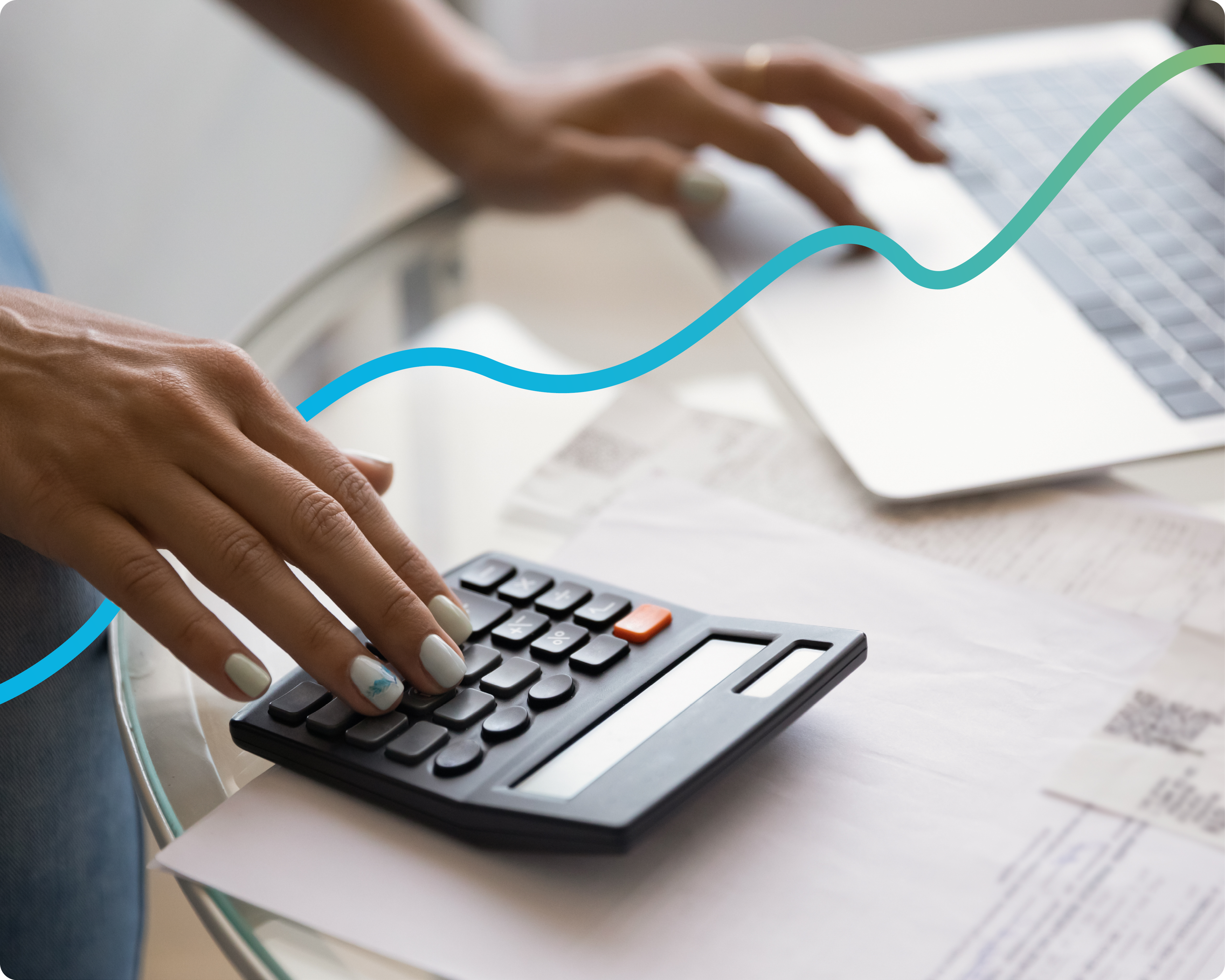 Image of a womans hand pressing buttons on a calculator.