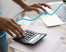 An image of a calculator and a laptop with a blue and green gradient connecting line