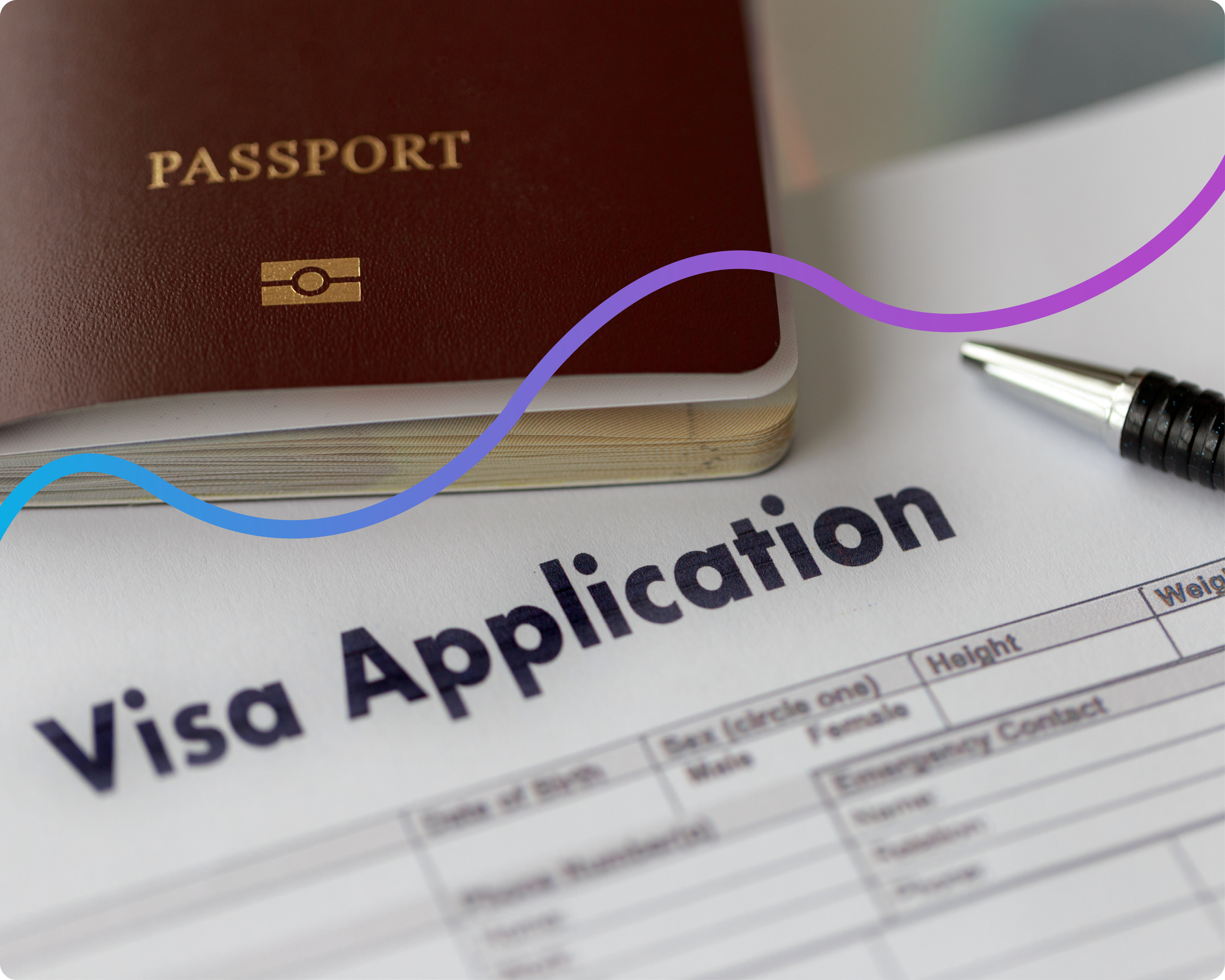 Image of the bottom of a passport in the top left corner, and a visa application underneath.