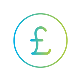 Coin line icon with a pound sign in it in a blue and green gradient