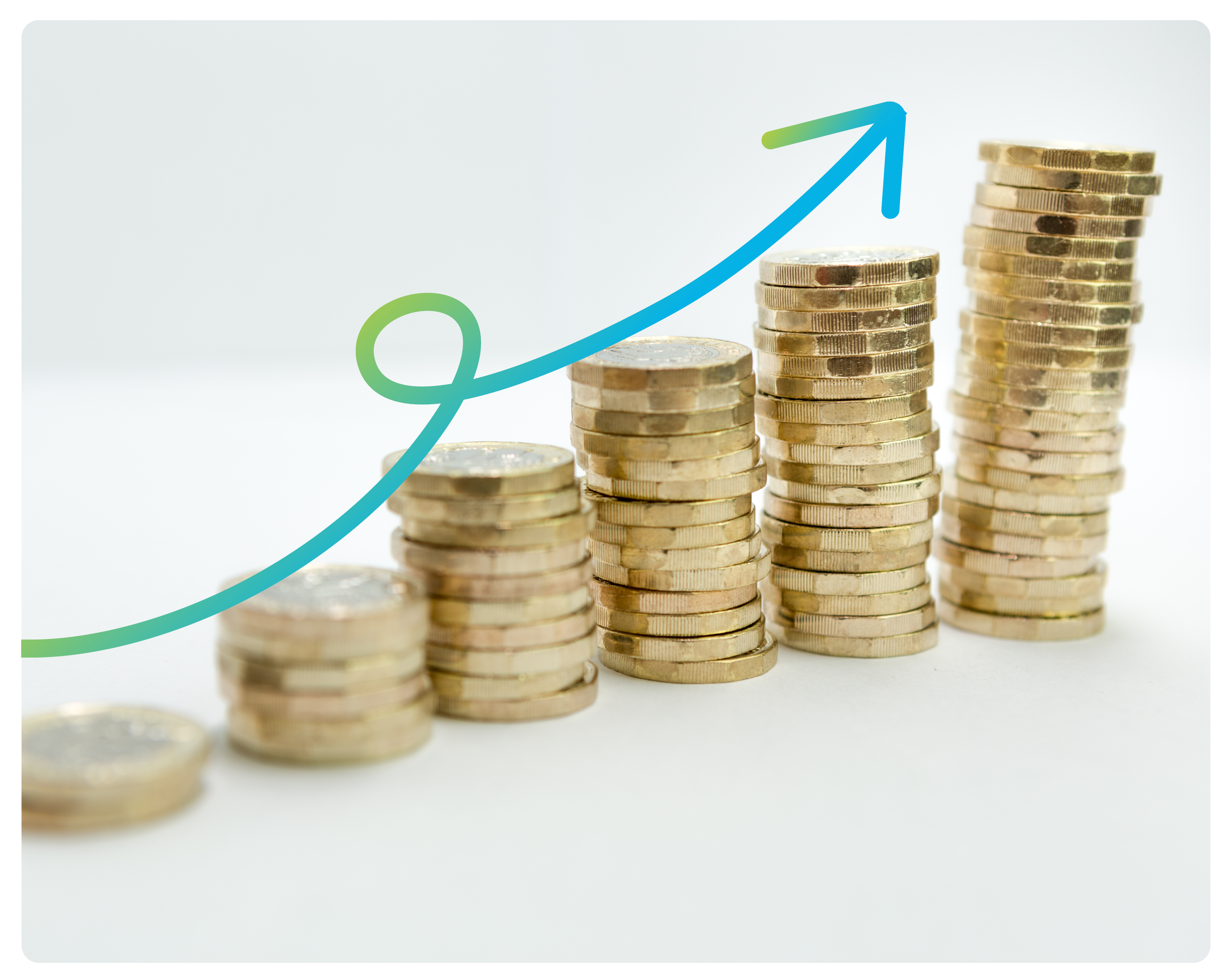 Stacked pound coins in a line with a blue and green arrow pointing up the pile