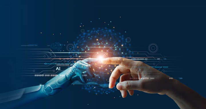 Robotic hand representing Artificial Intelligence (AI) touches a human hand