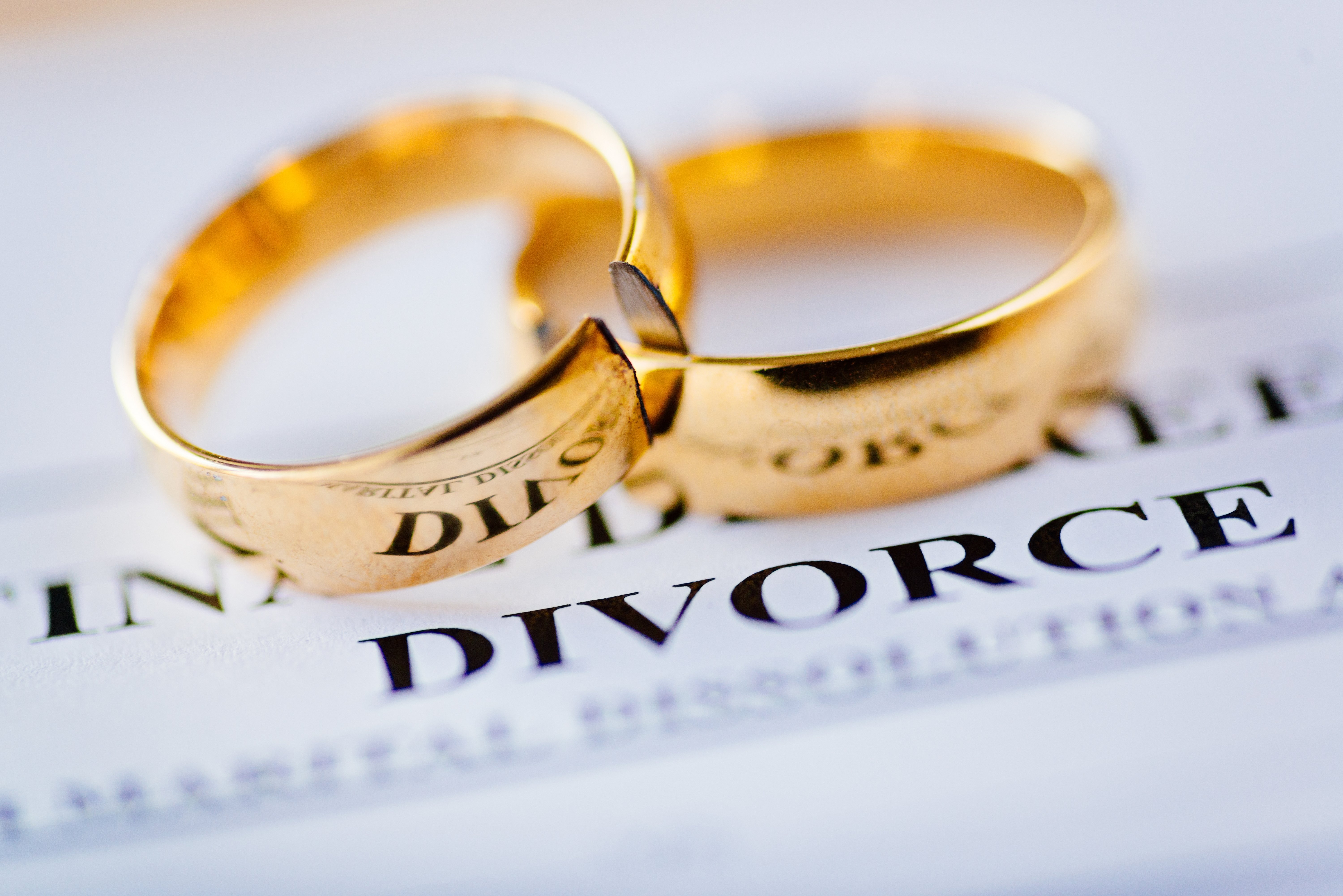 broken wedding rings with divorce papers